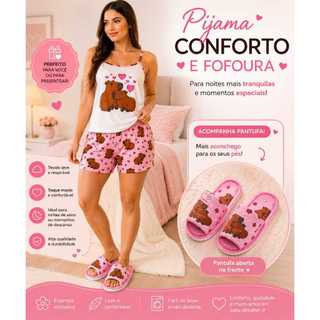 kit pijama feminino adulto alcinha + pantufa capivara rosa personagens de quarto chinelin…