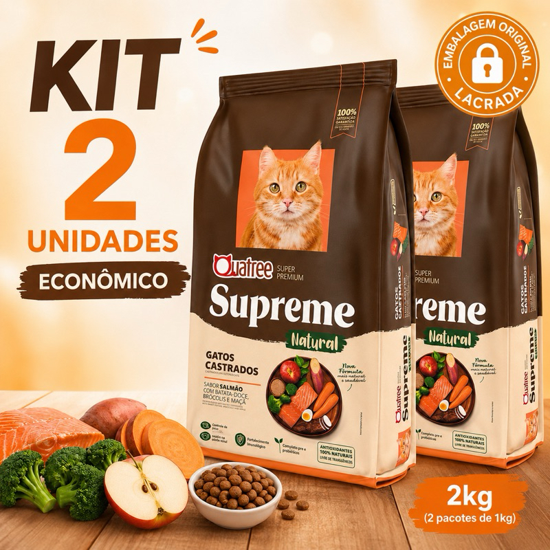 Kit Ração Gato Castrado 2kg Salmão Premium Natural Mais Barato Alta Aceitação|Quatree Supreme