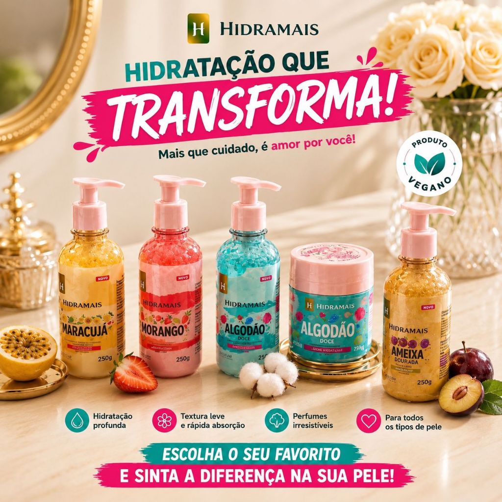 Hidratante corporal duo gel algodão doce morango maracuja ameixa dourada Hidramais pele macia sedosa hidratação intensa