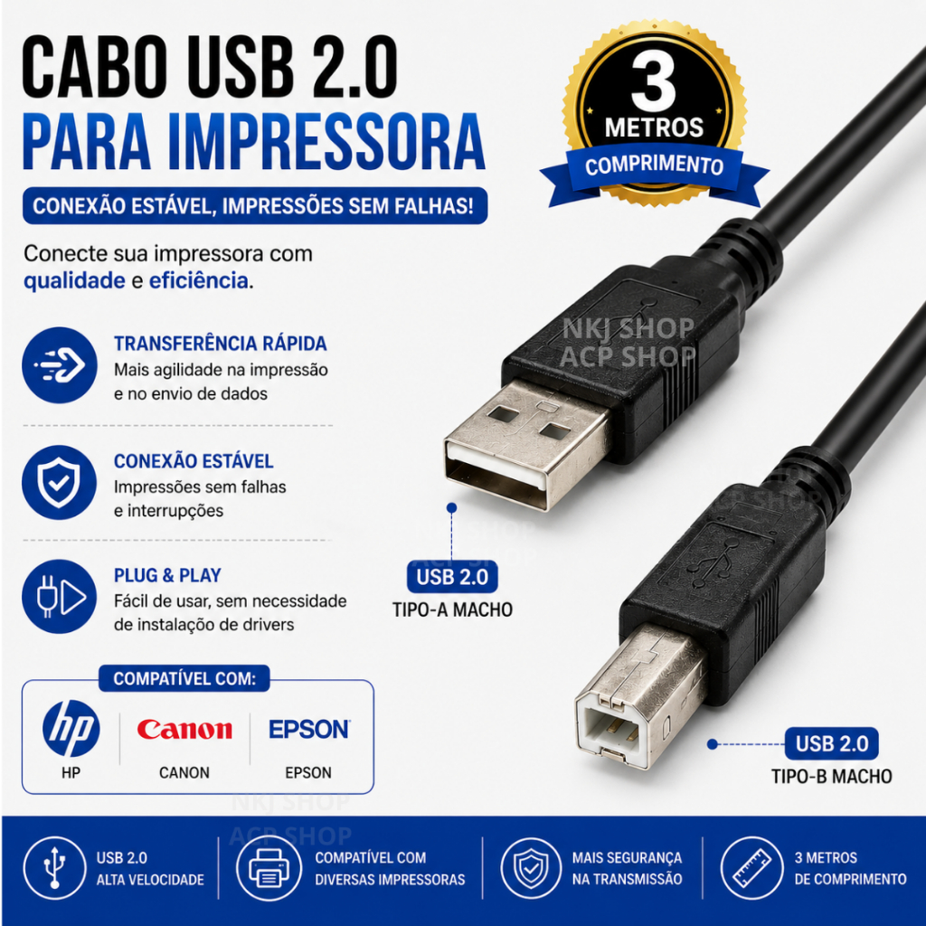 Cabo USB para Impressora 2.0 A/B Universal HP Epson Canon Scanner 3 metros