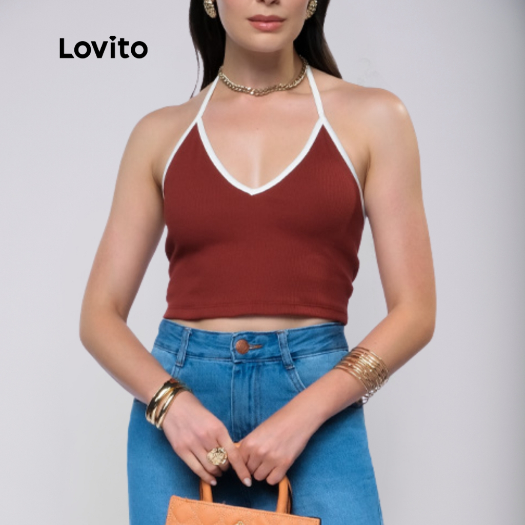 Lovito Top Decote V Cropped Moda Feminina BRTKB969BRL999
