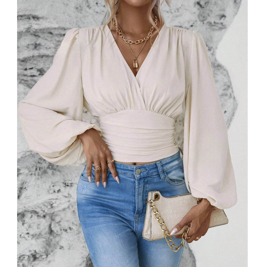 Blusa Feminina Manga Longa Bufante Crepe Decote Transpassado