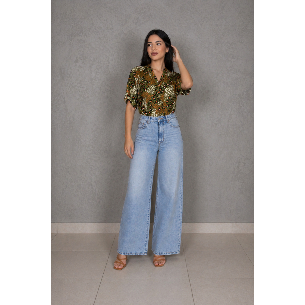 Blusa Viscose Estampada Carcela Manga 3/4 Lapela
