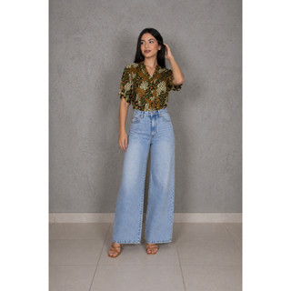 Blusa Viscose Estampada Carcela Manga 3/4 Lapela