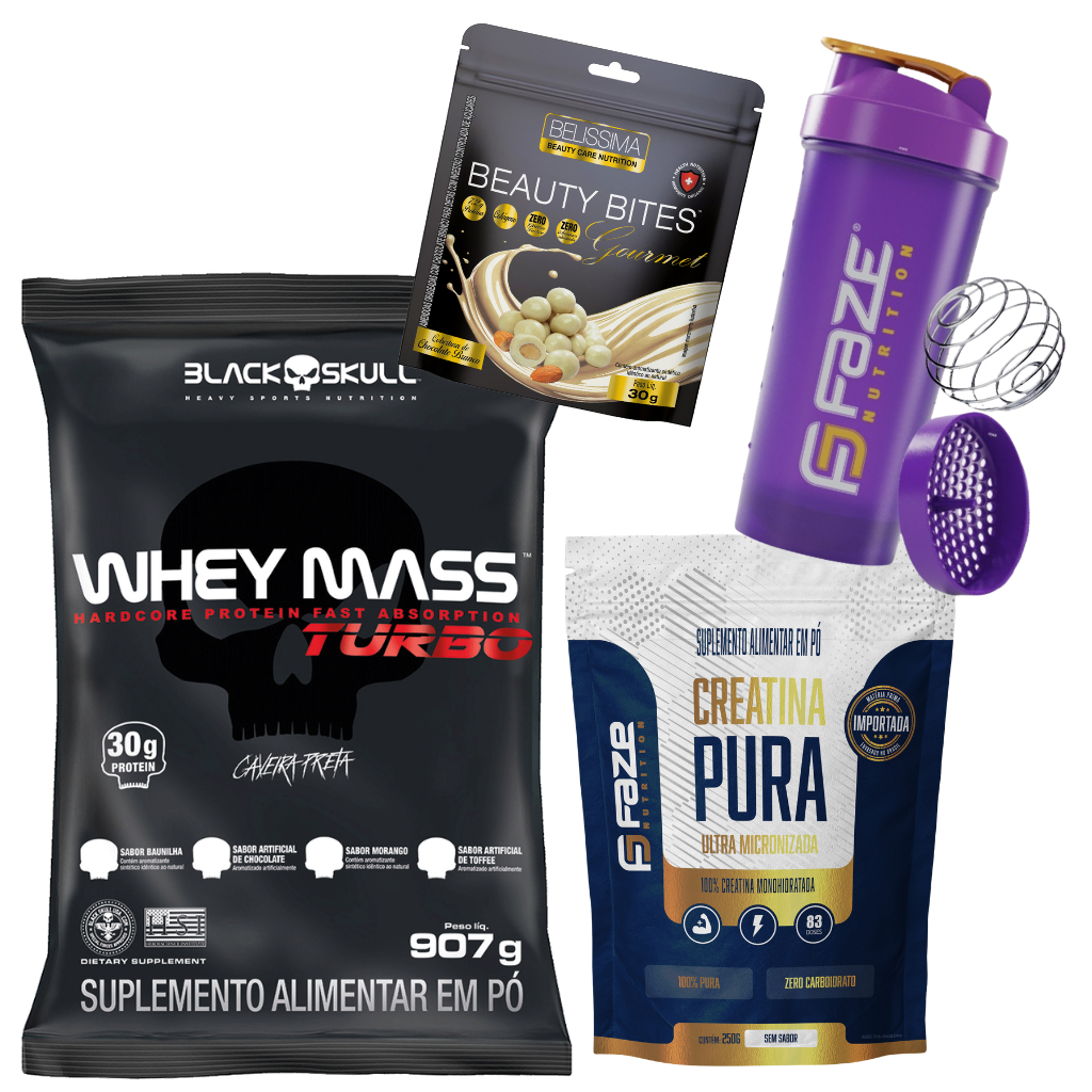 Kit Whey Black Skull Turbo 907g Refil + Creatina Pura 250g Refil Faze Nutrition + Bites 30g + Coqueteleira c/ mola inox