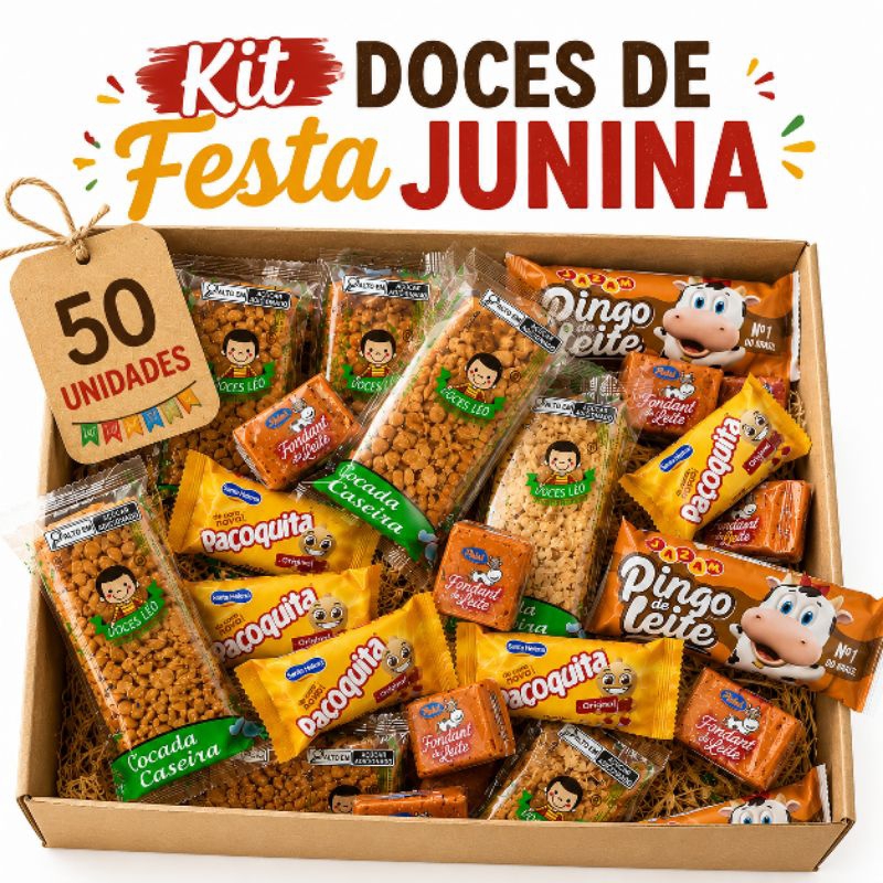 Kit 50 Doces Festa Junina Sortidos - Pé De Moleque Paçoca Bananada Pingo de Leite Doce de Leite