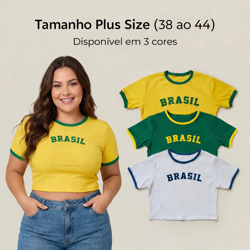 Cropped Brasil Plus Size Manga Curta Canelado Feminino Copa Torcida Verde Amarelo Azul
