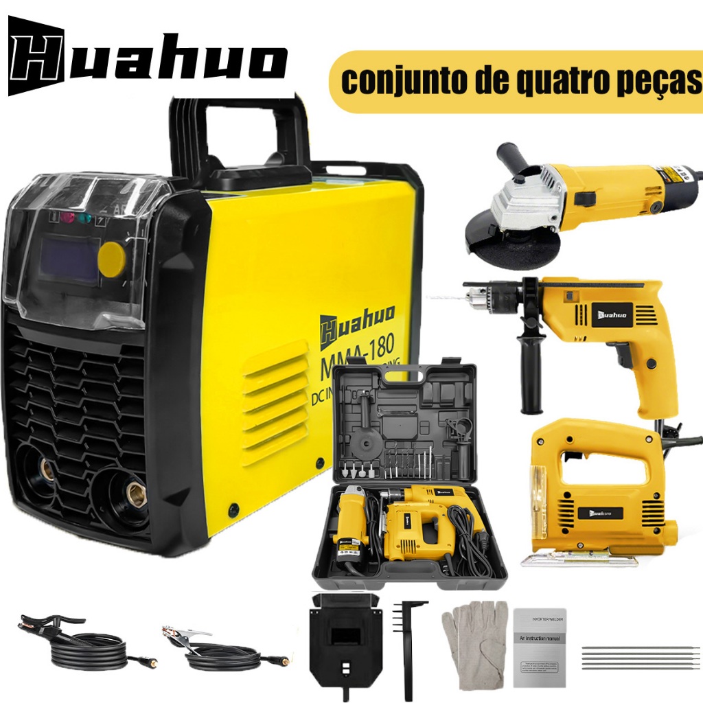 220V MMA-180 Inversor Máquina De Solda + Furadeira de impacto + Esmerilhadeira Angular Elétrica + Serra Tico