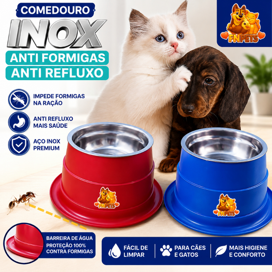 Até 6 Comedouro e Bebedouro inox pet Anti Formiga E Refluxo para Cachorro e Gato FN Pets premium