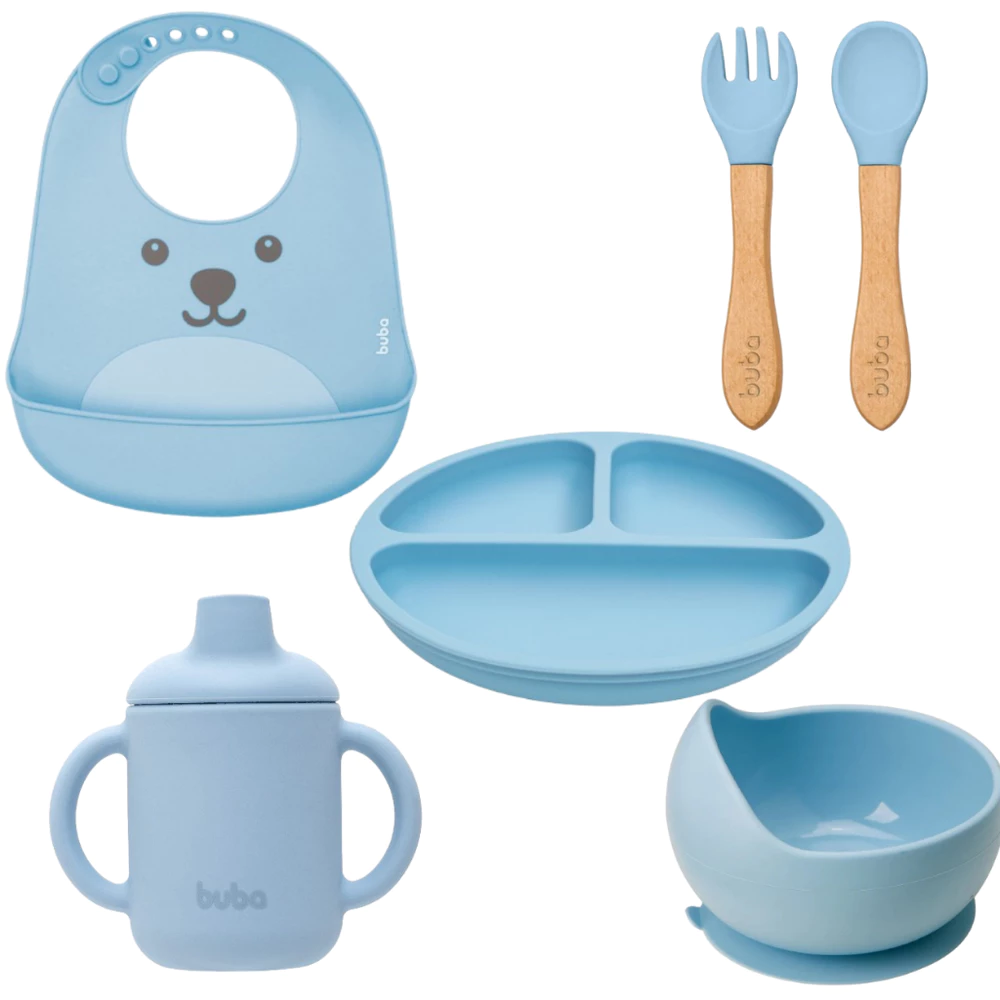 Kit Personalize Alimentação Buba Babador Gummy + Copo + Prato + Bowl + Talheres Azul Original