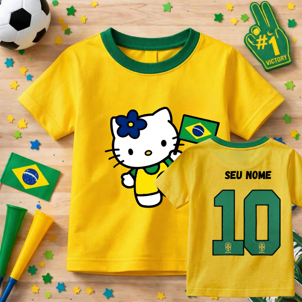 Camiseta Infantil Hello Kity Copa Do Mundo Personalizada Com Nome Lançamento Brasil Algodão Premium