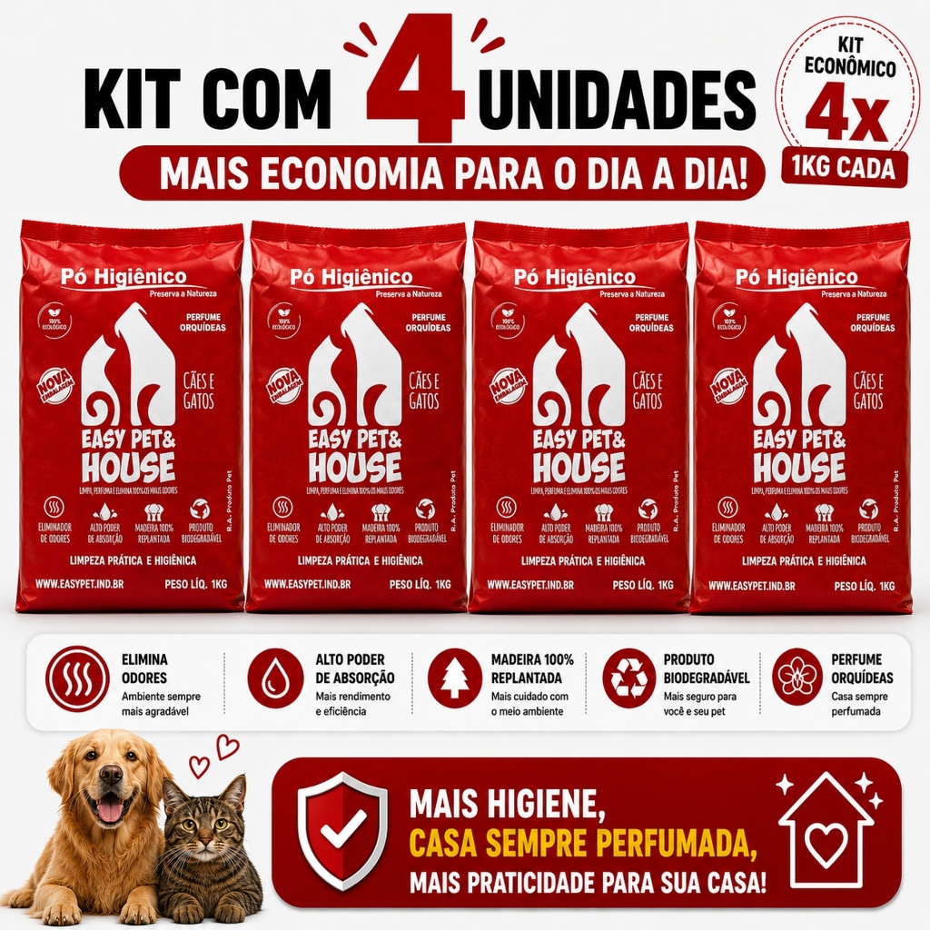 Pó Higienico Pet 4 Unidades Orquídeas Gatos e Cães Elimina Odores Seca Xixi Easy Pet e House