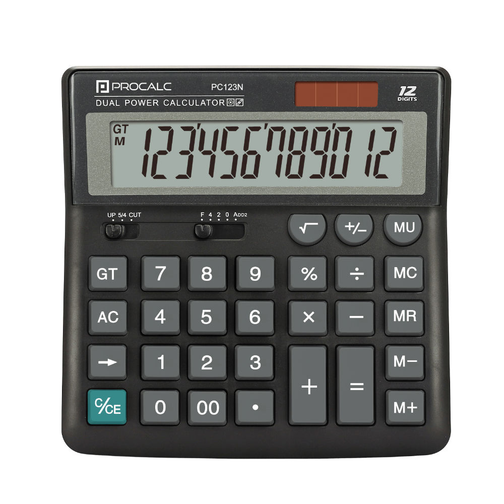 CALCULADORA DE MESA GRANDE 12 DIG. PROCALC, VISOR INCLINADO, DUAL POWER