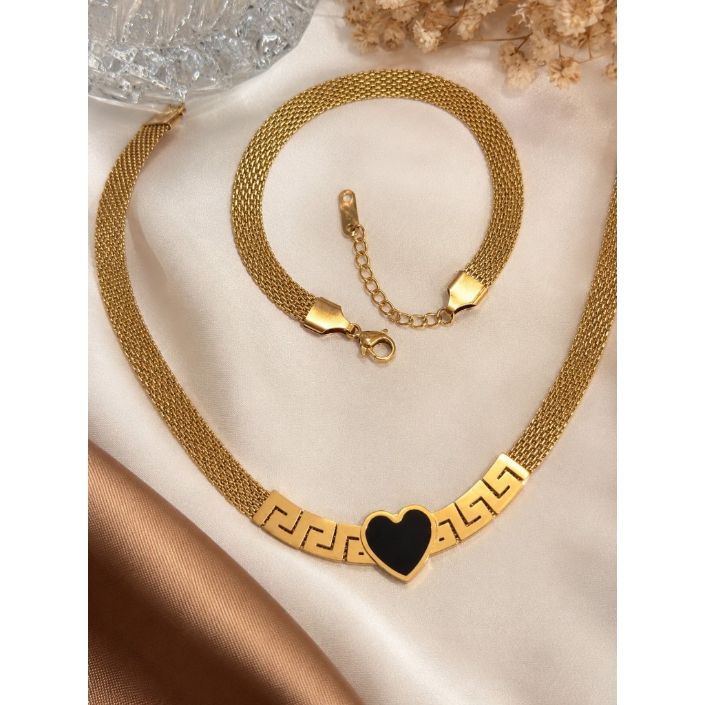 Conjunto Colar e Pulseira Feminina Aço Inoxidável 316L Dourado Premium Antialérgico