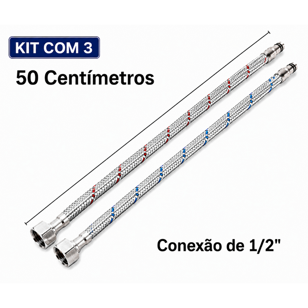 Par Engate Flexível para Misturador Monocomando | 50cm 1/2" Prateado | KIT com 3
