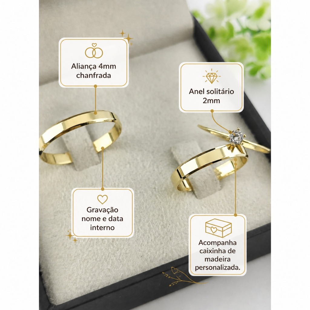 Par De Alianças Casamento E Noivado De Titanio Chanfrada 3mm Banhada A Ouro 18k + Anel Solitario + Gravação