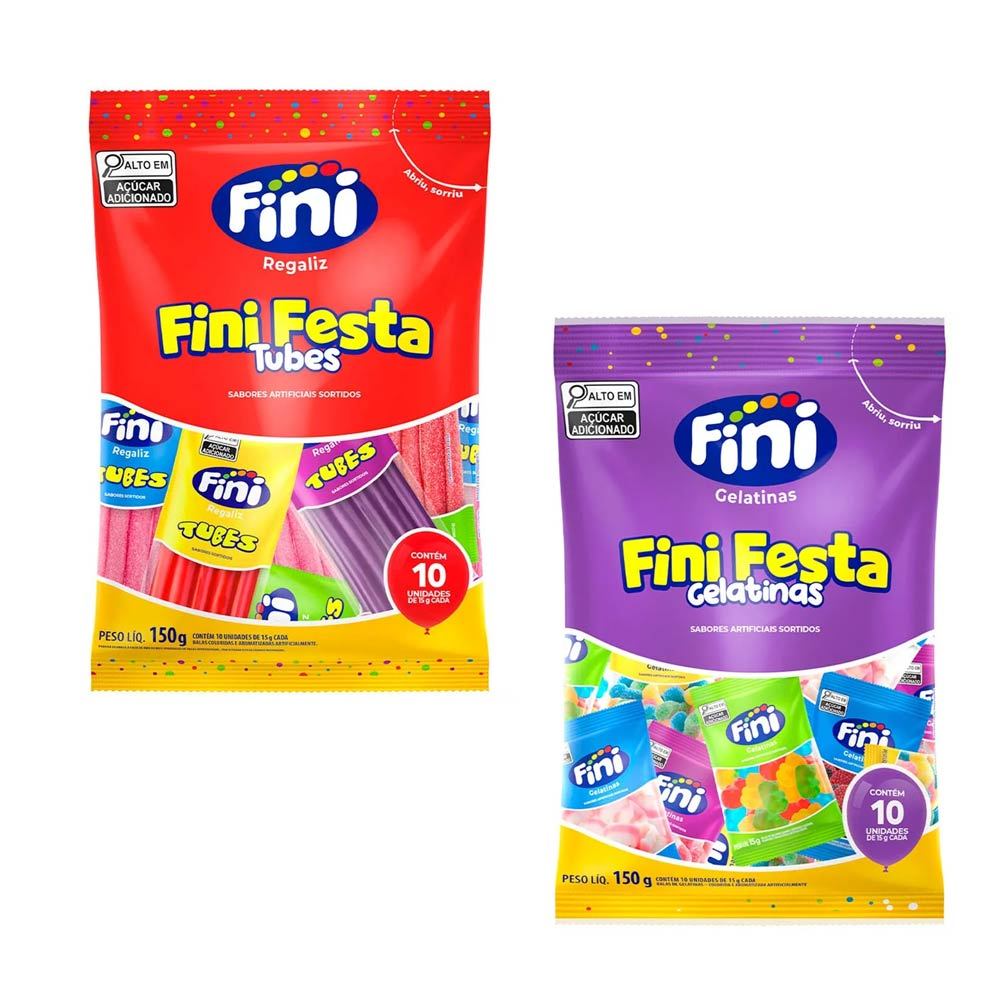 Kit com 1pct Bala de Gelatina Festa Mix Tubes c/10 e 1pct Festa Mix Sortido c/10 - Fini ESCOLHA O SEU