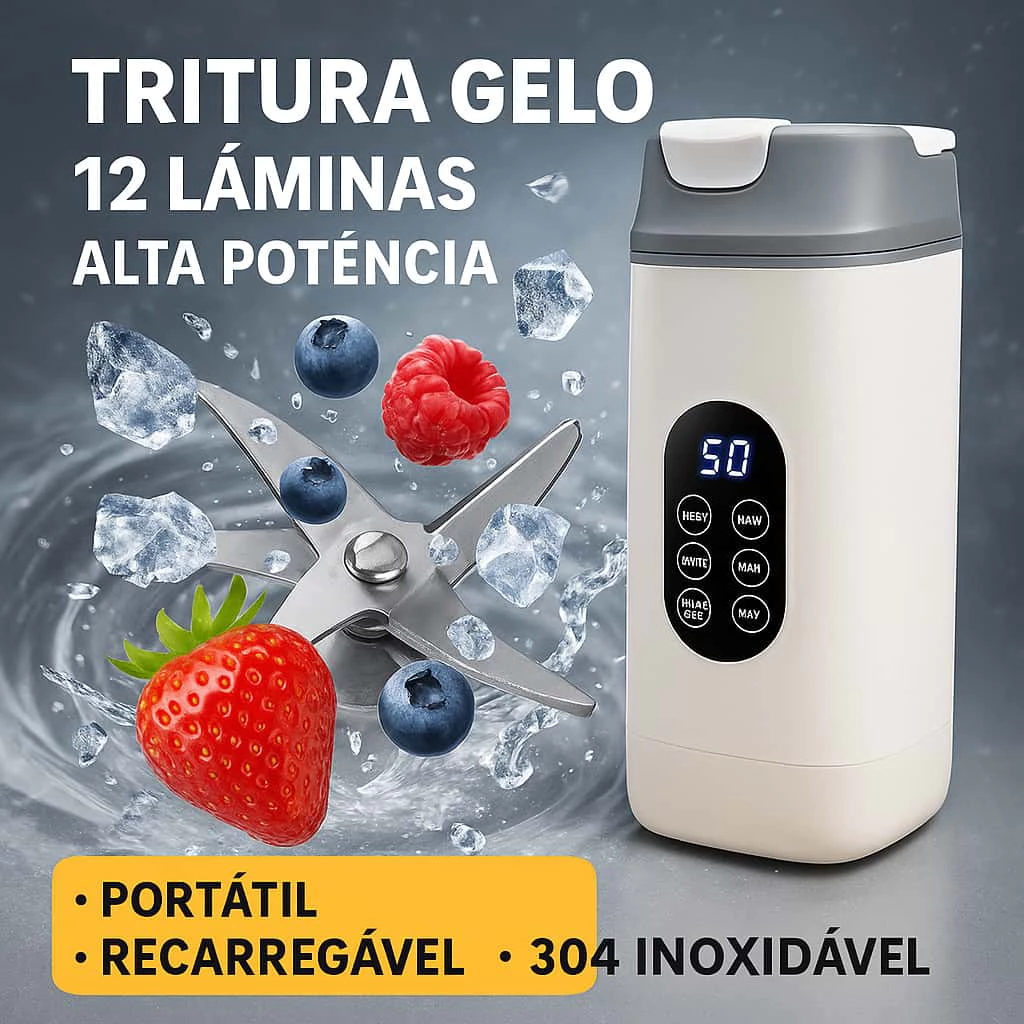 Liquidificador Portátil 12 Lâminas Recarregável Alta Potência, Tritura Gelo e Frutas