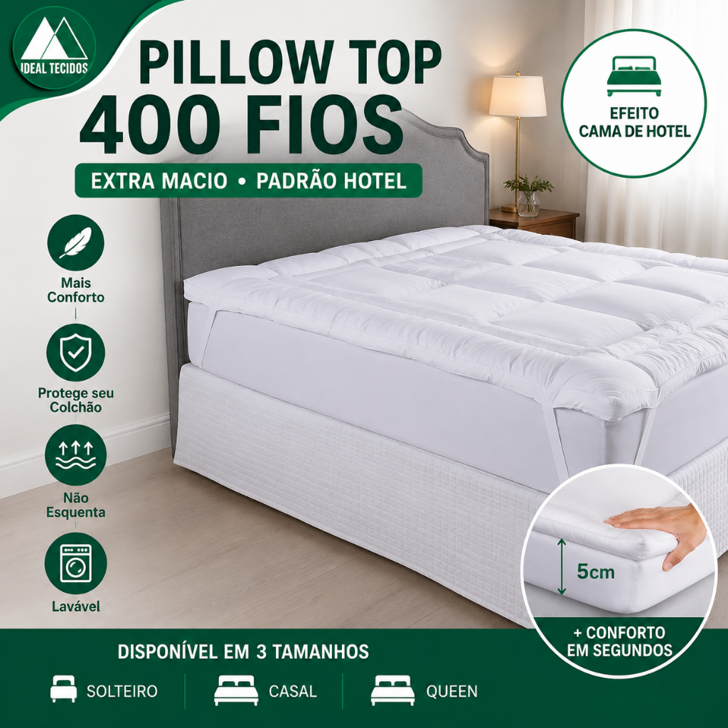 Pillow Top Protetor de Colchão Solteiro,Casal e Queen Extra Macio Padrão Hotel Conforto Luxo Antialérgico
