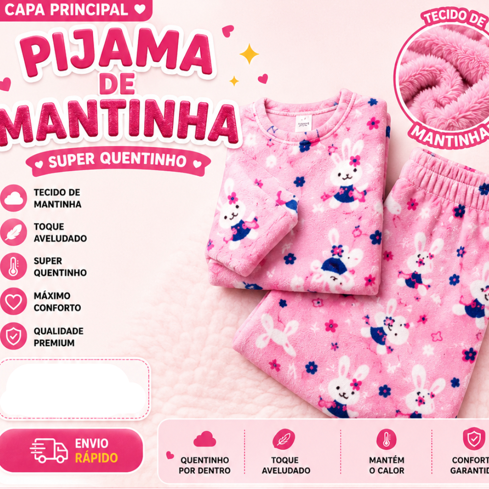 Conjunto Pijama de Mantinha infantil Peluciado fleece Quentinho Inverno Manga Longa menina
