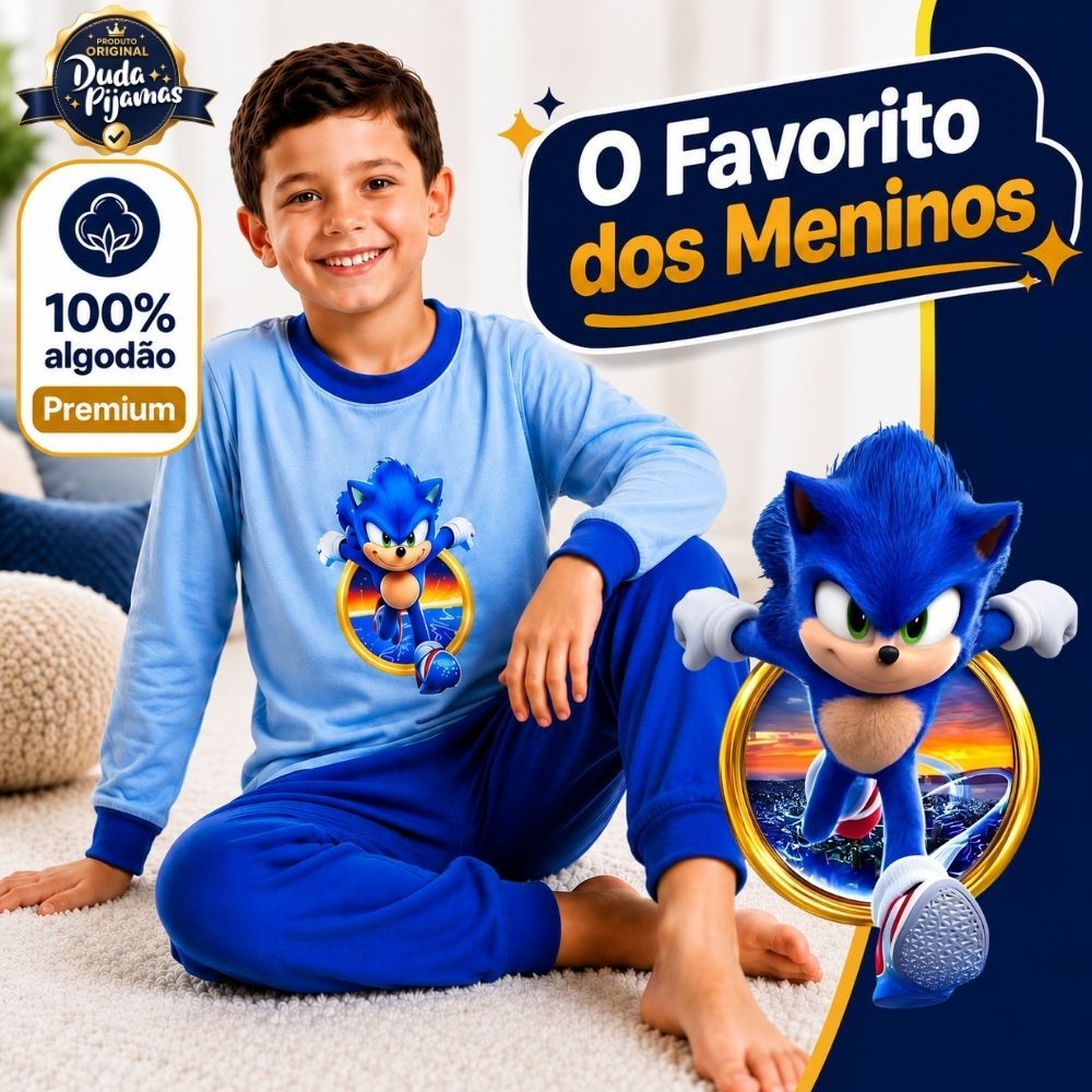 Pijama Infantil Menino Sonic Verão Inverno Personagem Manga Longa Fresquinho Juvenil