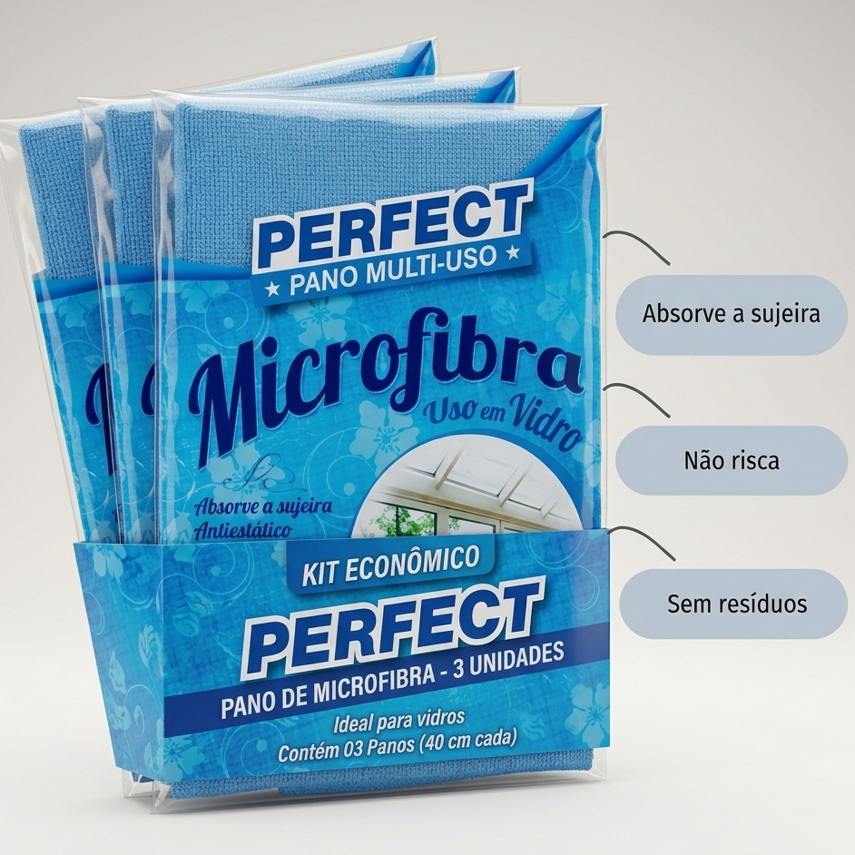 Kit 3 Pano Limpa Vidros Espelho Tela Multiuso Microfibra 40x40cm Perfect Pro