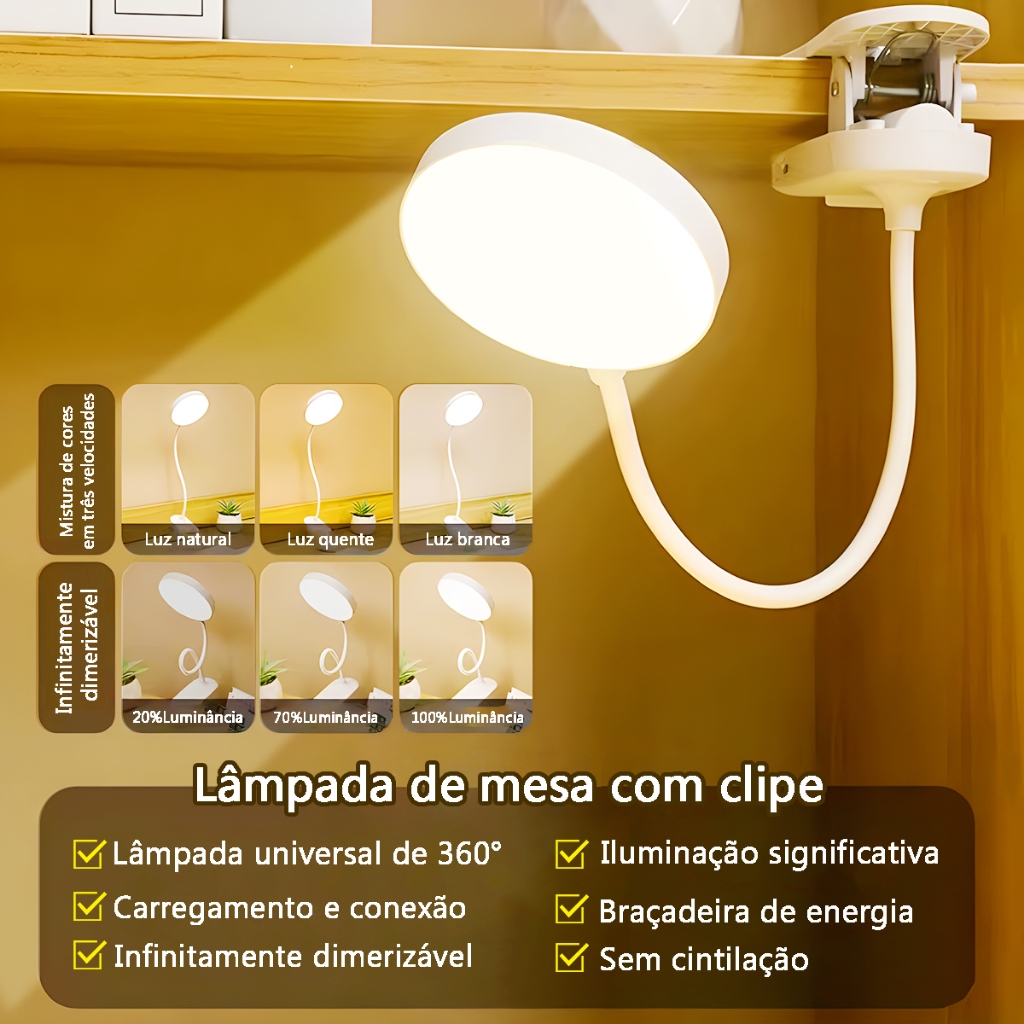 Luminária De Mesa Recarregável Portátil Leitura LED Lâmpada Cabeceira Removível Emergência Sem Fio
