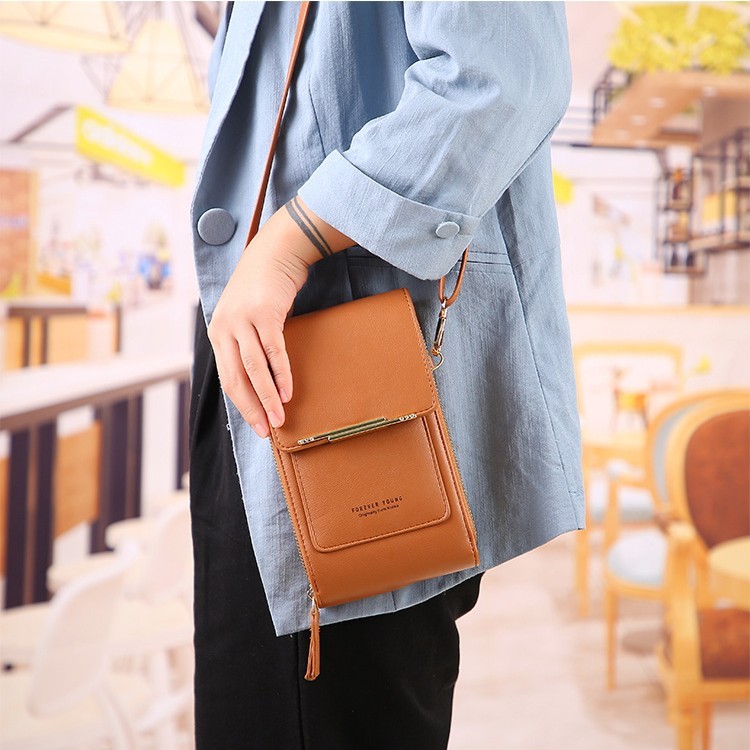 Detalhes do Bolsa Tiracolo Porta Celular Touch Screen Compacta Com Porta Moedas Cartão Zíper Duplo e Fecho Seguro