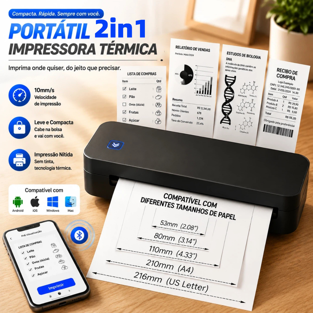 Impressora de Etiquetas Térmica, Bluetooth e USB, largura de impressão 57–216 mm, para Empresas, Lojas e Casa