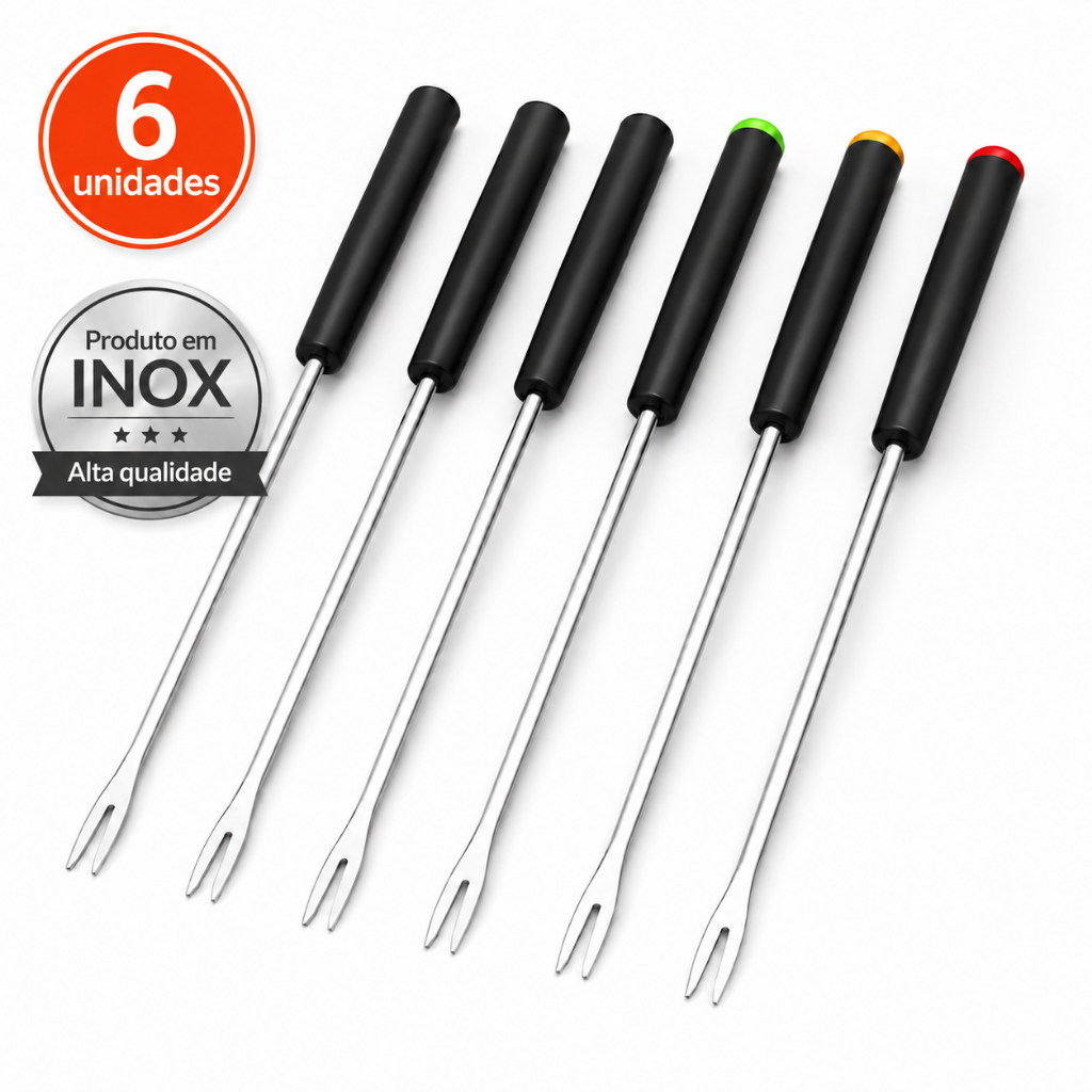 Garfinho Para Fondue em Aço Inox Espetos Garfo 6 Peças para Petisco com Identificação