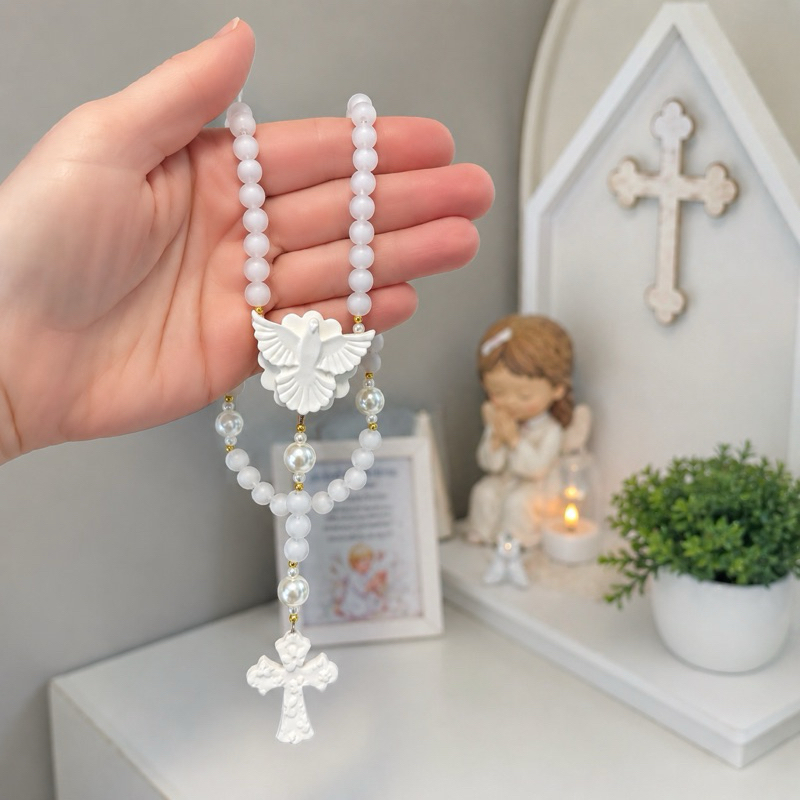 Terço batizado Divino Espírito Santo branco translúcido Terço infantil personalizado