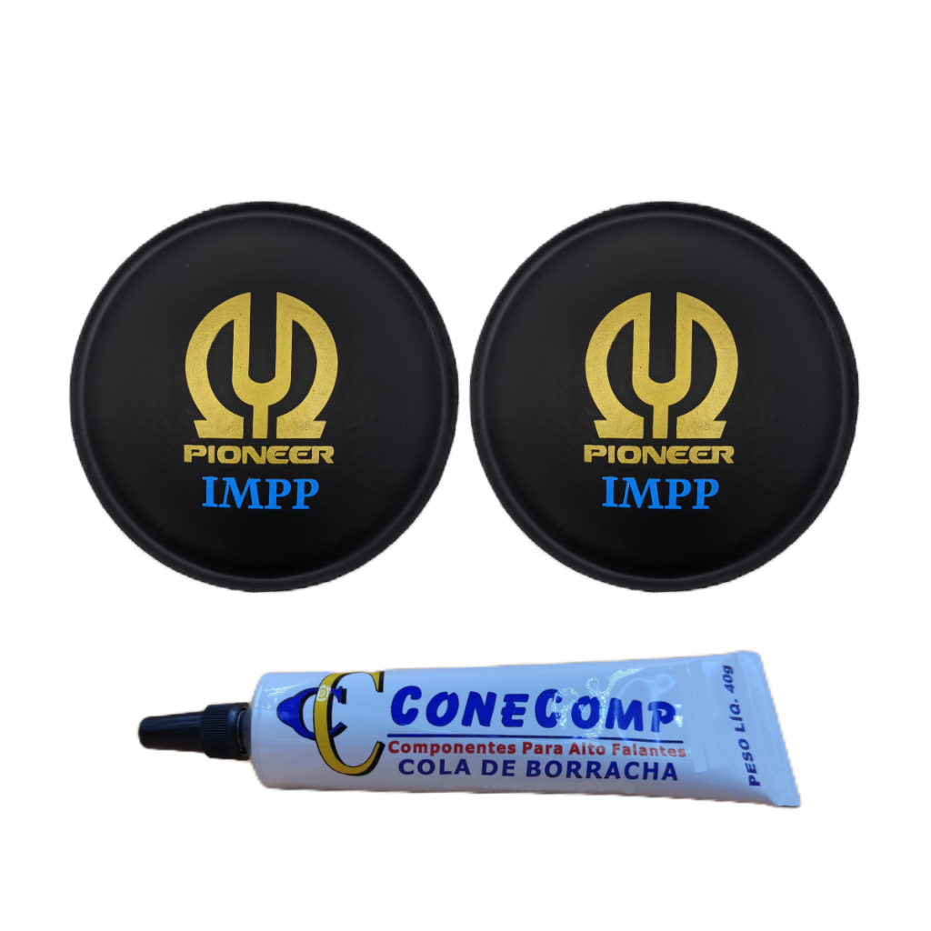 Kit 2 Protetores Calota Pioneer IMPP 106mm Tampografado Para Alto Falante + Cola Borracha Preta 40g