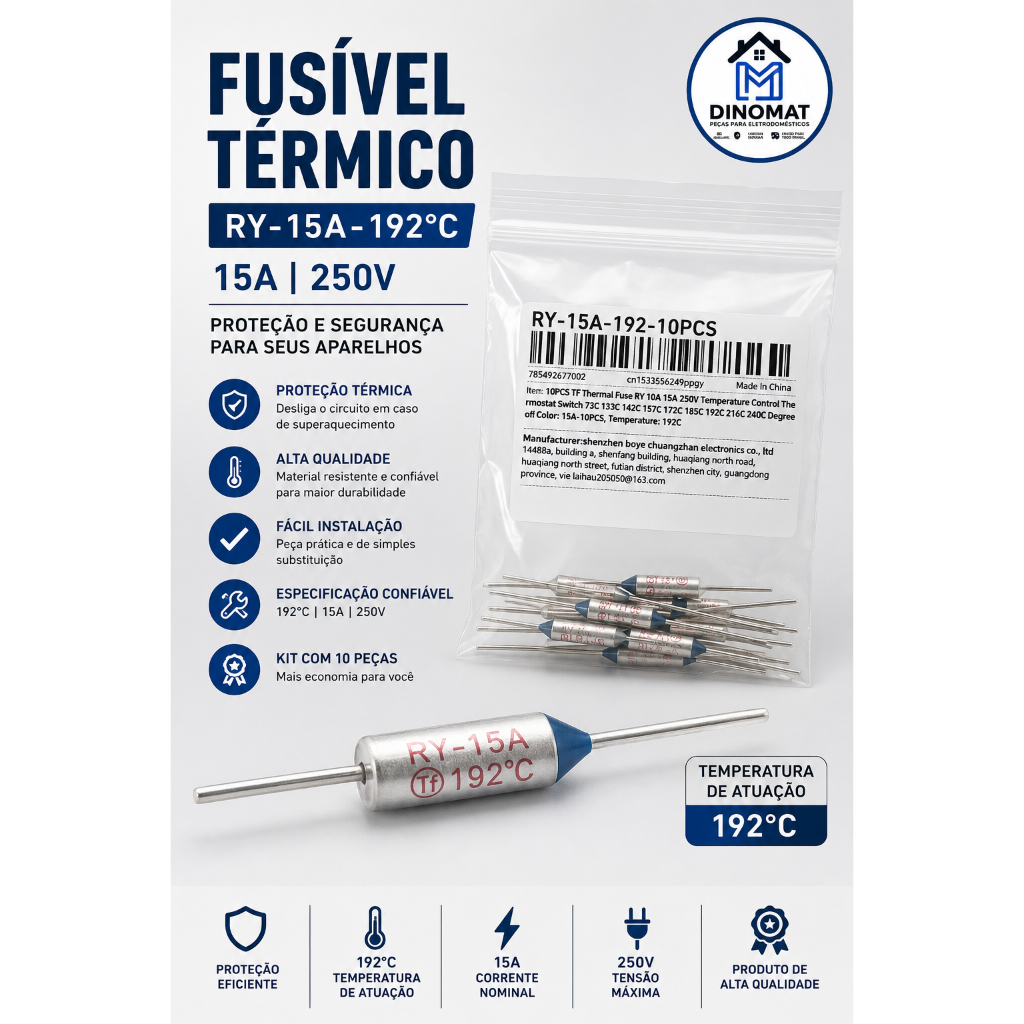 Fusível Térmico 192°C 15A 250V RY-15A-192 Proteção Air Fryer Forno
