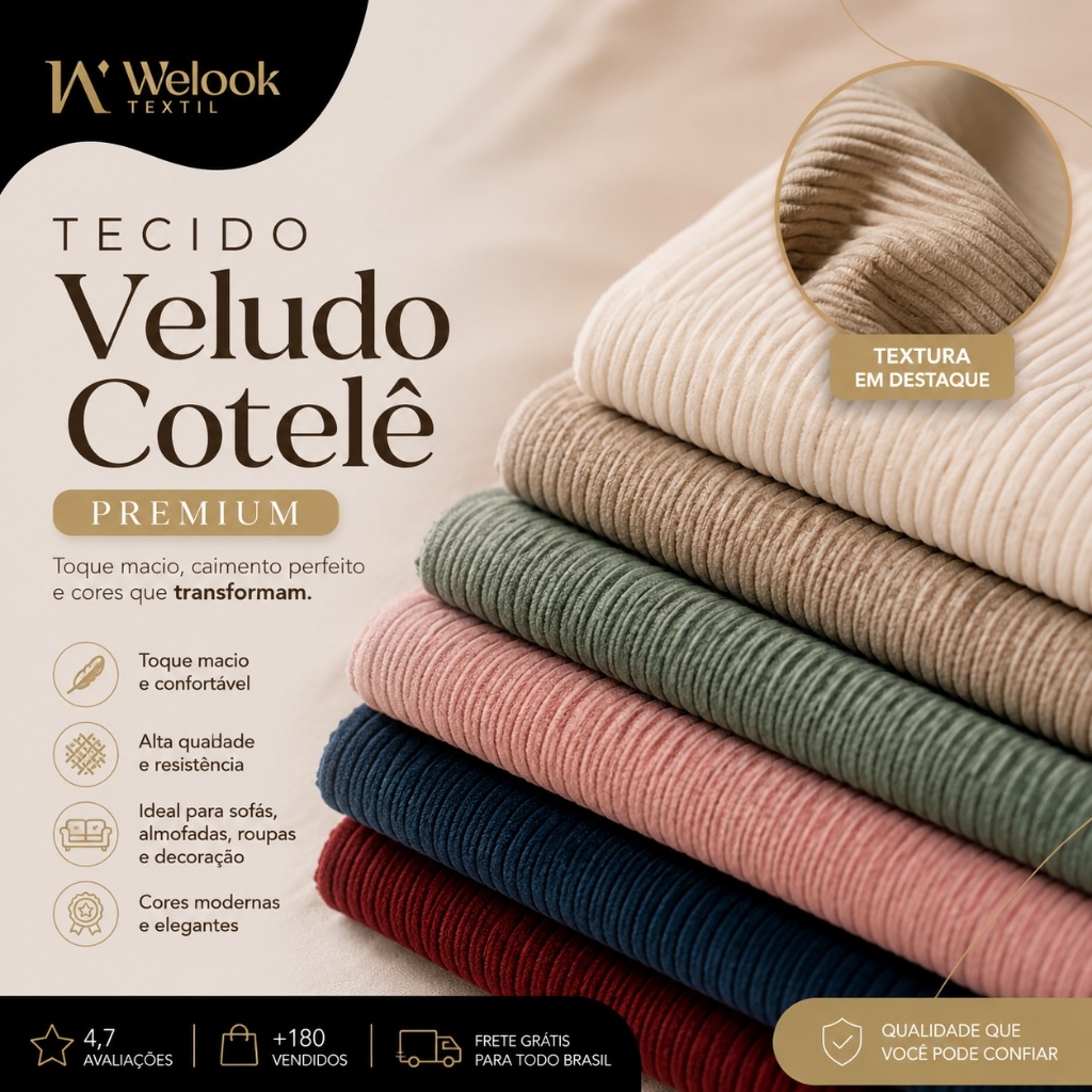 Tecido Veludo Cotelê Premium 1 Metro x 1,50m | Macio, Resistente e Sofisticado