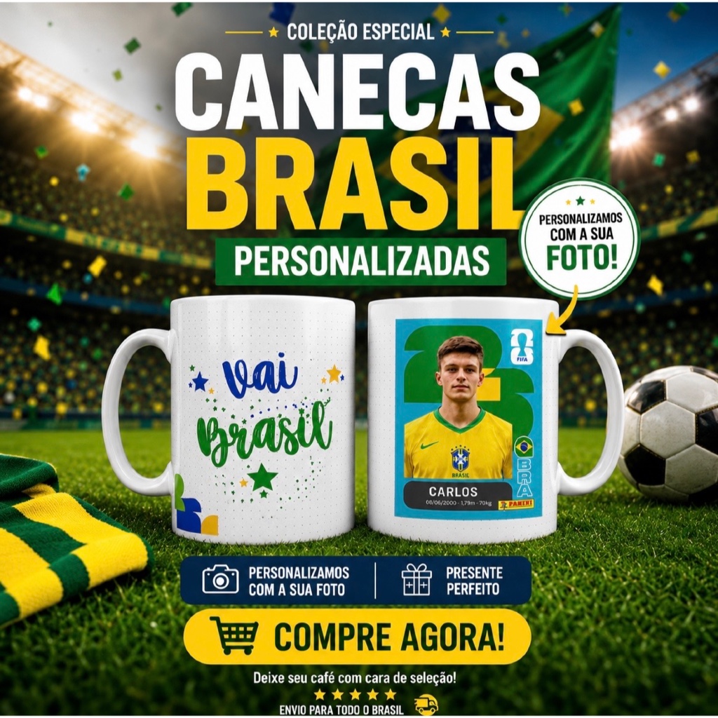 Caneca Personalizada Brasil com Foto | Caneca Seleção Brasileira Presente Figurinha da copa Criativo Futebol 325ml