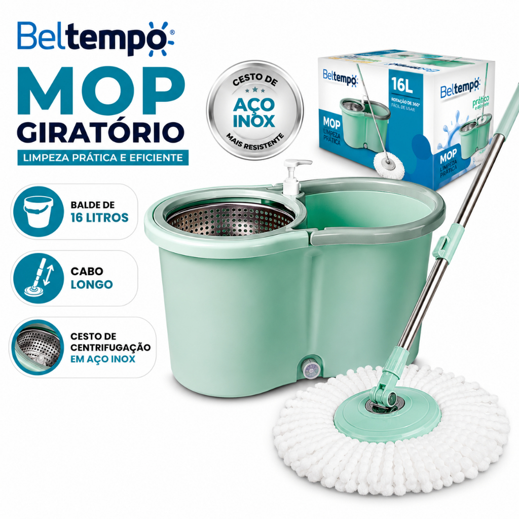 Mop Giratório Limpeza Esfregão 360º Balde 16 Litros Cesto Aço Inox Cabo Longo 140cm Com Refil Rodas E Alça Beltempo