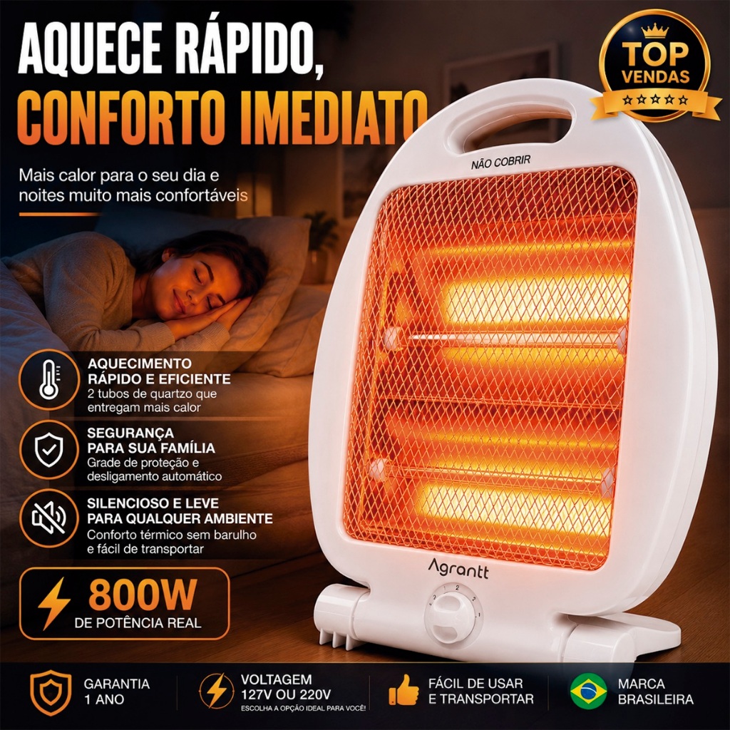 Aquecedor Doméstico Elétrico Agrantt Quartzo 400/800w Quarto Sala Cozinha Escritório Portátil