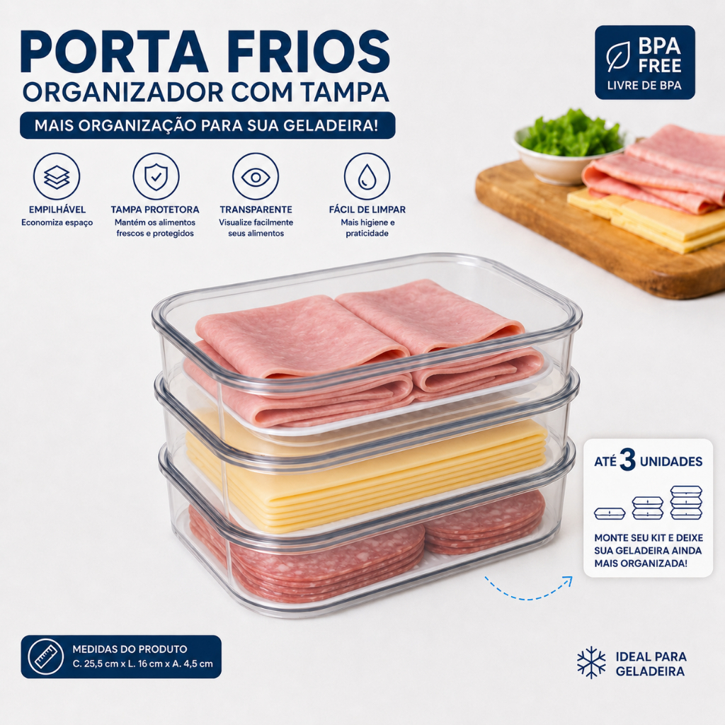 Porta Frios  1, 2 ou 3 Organizador Geladeira Queijo Presunto Com Tampa Transparente Empilhavel