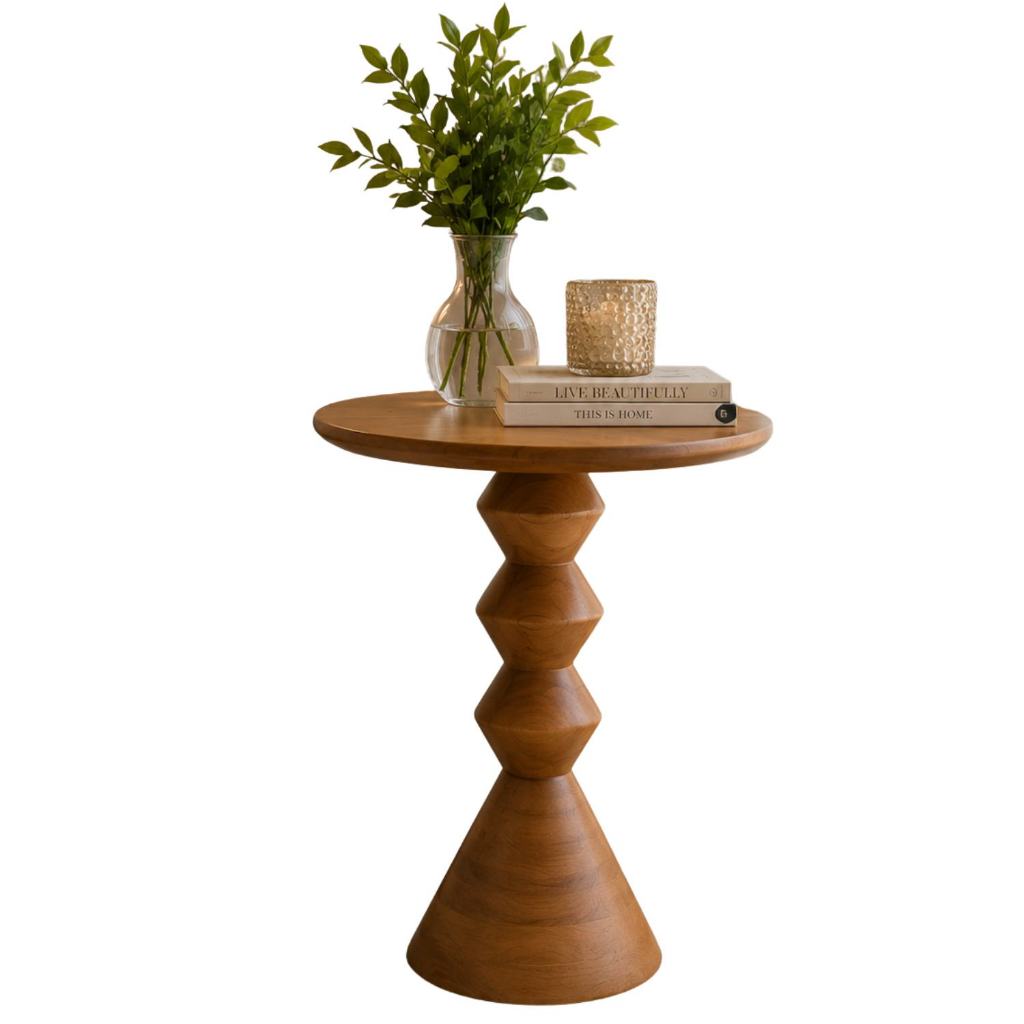 Mesa Lateral Tuamu Escultural Madeira com Vidro Luxo Castanha