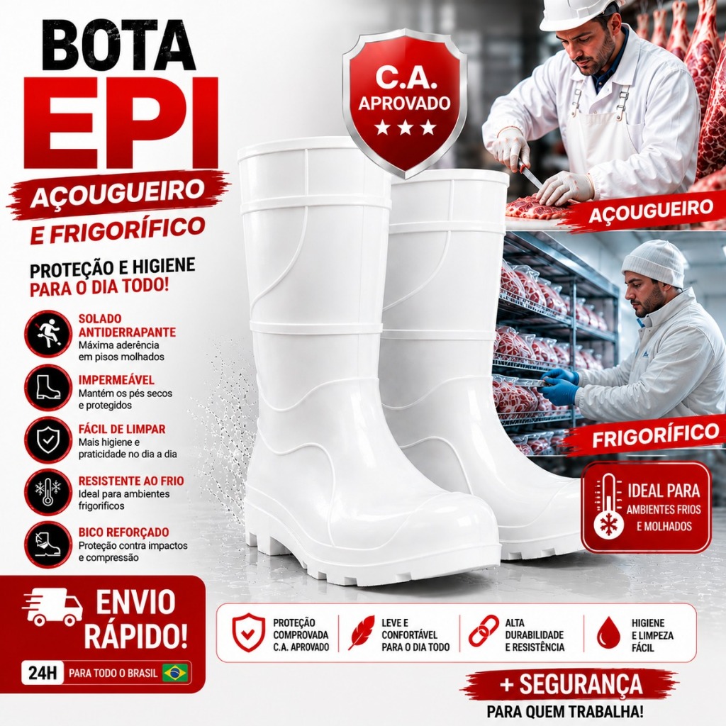 Bota Galocha PVC Branca EPI Açougue Frigorífico Antiderrapante Impermeável CA Aprovado Envio Rápido!