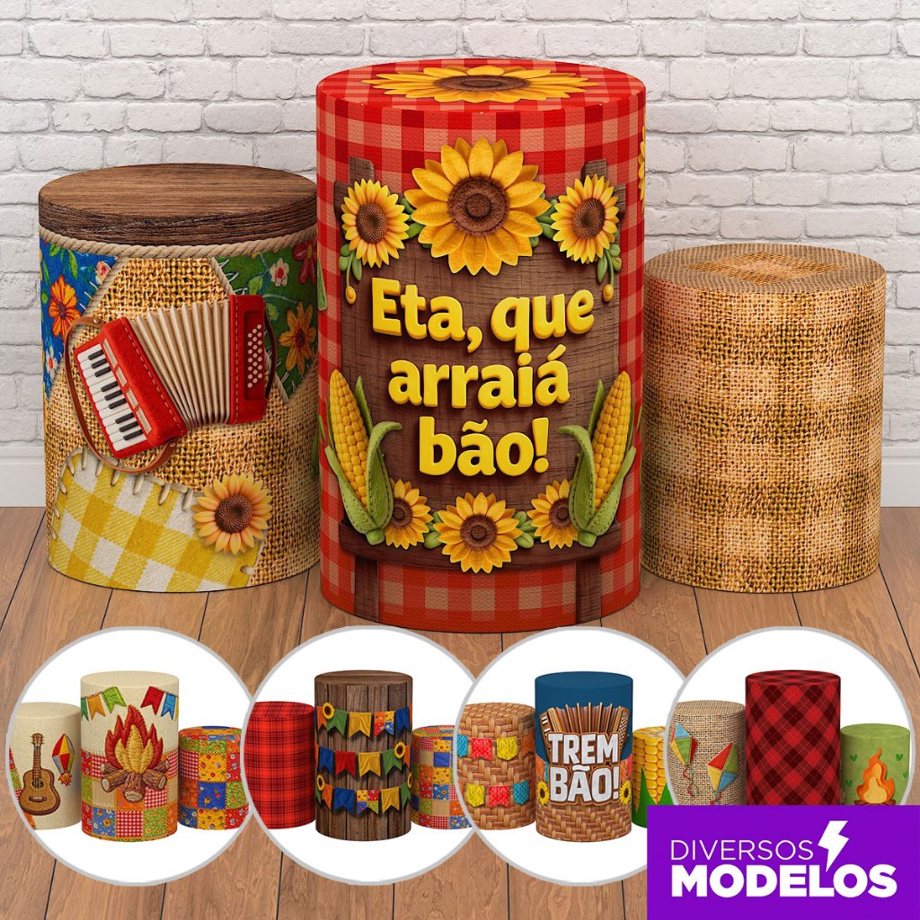 Trio Capa Cilindro Decoração Festa Junina Arraiá São João Veste Fácil em Tecido com Elástico