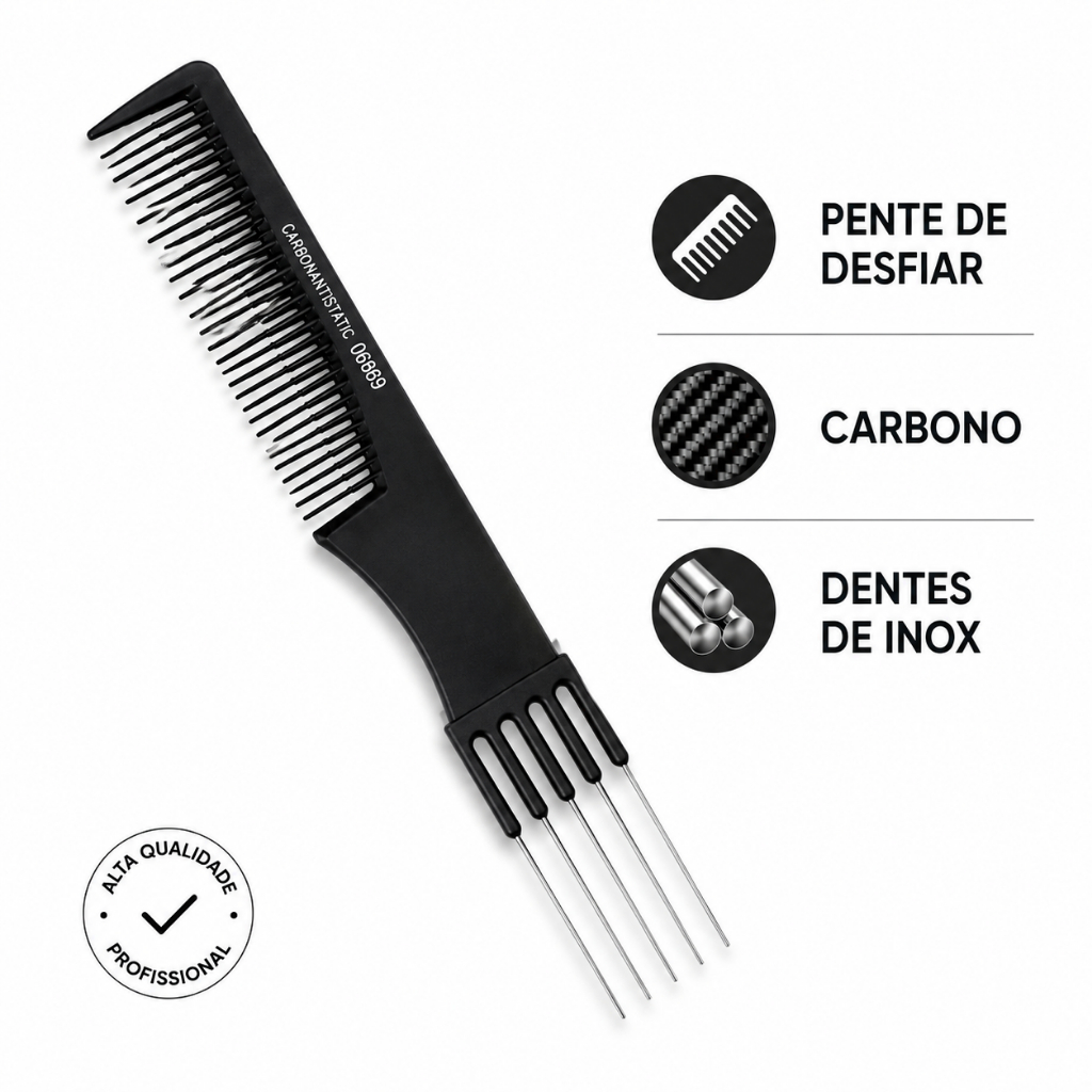 Pente De Carbono Garfo Dentes Inox Para Penteados Russos Pente Garfo Carbono Antiestático Dentes Inox Profissional Pente