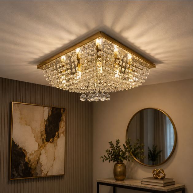 Lustre Plafon 40x40 Dourado Cristal Acrílico 8 G9 LED Luxo Sala Quarto Moderno