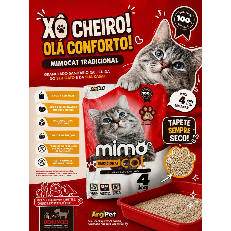 Kit Areia de Gato Sanitária Higiênica Mimo Cat Argila Natural Tradicional Anti Odor 20kg (5x4kg)
