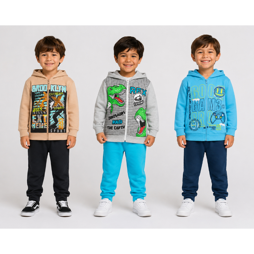 Kit 2 Conjuntos Infantil Jaqueta Moletom Básico Menino – Com Capuz – Inverno – Tamanhos 4 ao 8 – Estampas Sortidas