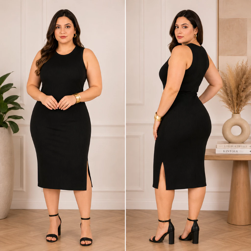 Vestido Midi regata com Fenda lateral Canelado Feminino
