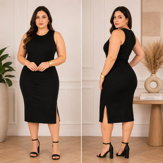Vestido Midi regata com Fenda lateral Canelado Feminino