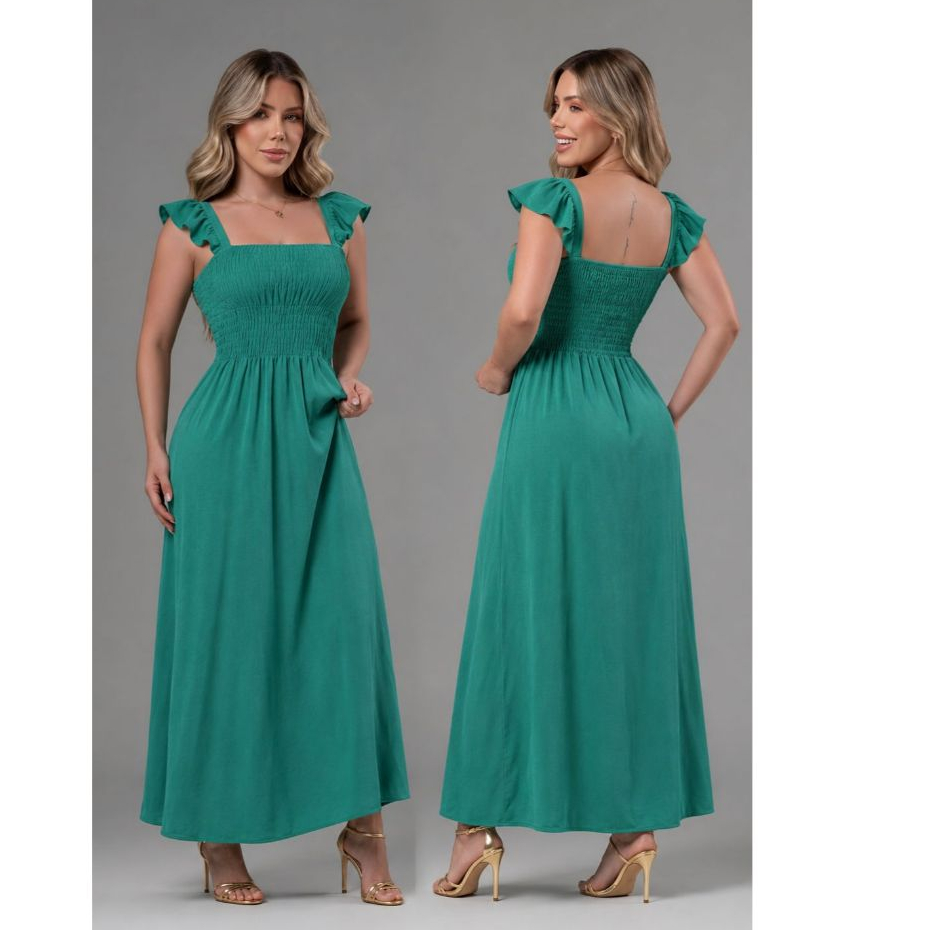 Vestido Longo Liso com Alças Babado Viscolinho com Forro e Elástico na Cintura Elegante Festa Trabalho Moda Tendência