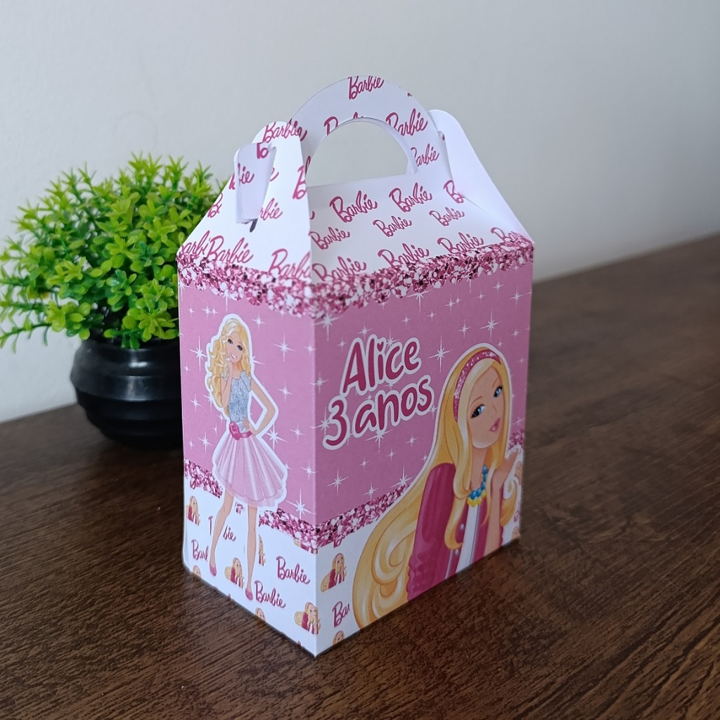 Maletinha maleta caixinha personalizada nome idade pegue e monte tema Barbie rosa lembrancinha decoração mimo
