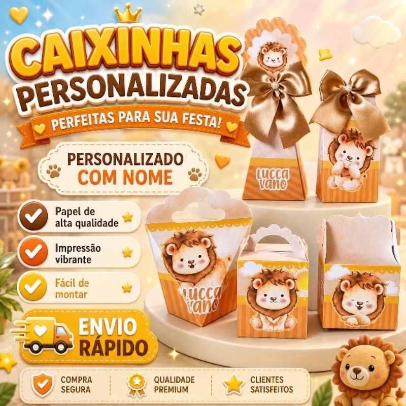 Kit Festa Leãozinho Leao Personalizados Lembrancinhas Festa infantil Aniversário Caixinhas Personalizadas PEGUE E MONTE
